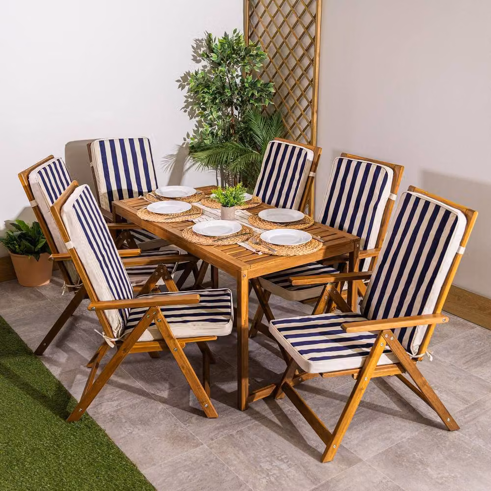 icon 6-Pack Reversible Maritime Blue Striped Outdoor Garden Seat Pads with Tie Cords – 2