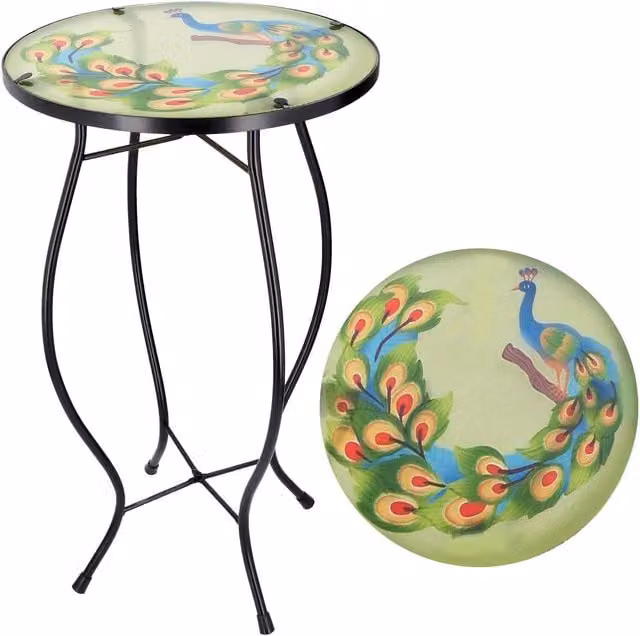 GEEZY Round Mosaic Garden Side Table with Glass Top in Multicolour and Green