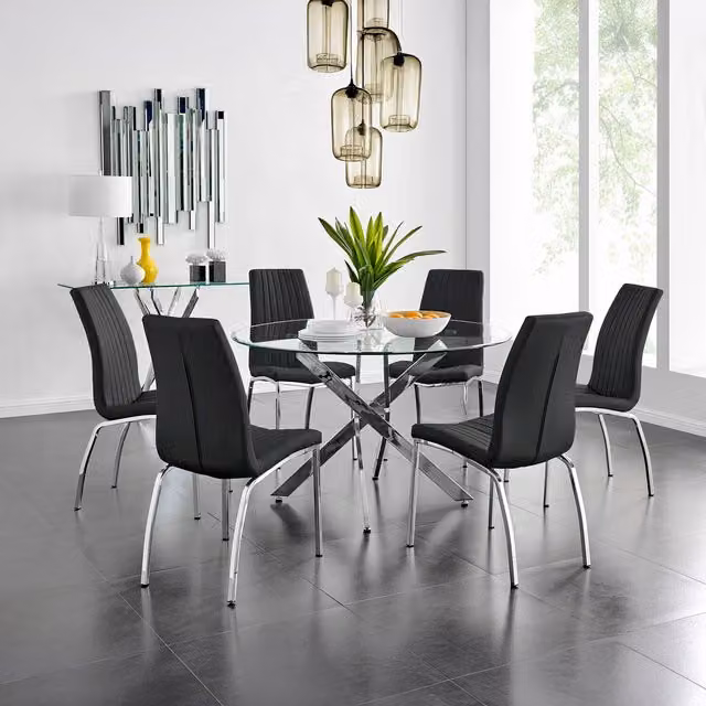 FurnitureboxUK Novara Round Glass Dining Table with 6 Black Isco Chairs Set, Chrome Metal Frame, Diameter: 120 cm