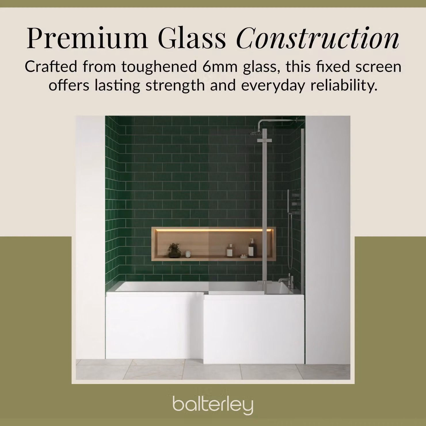 Balterley L-Shaped White Bath with Panel and Right-Hand Chrome 2-Panel Hinge Screen – 2