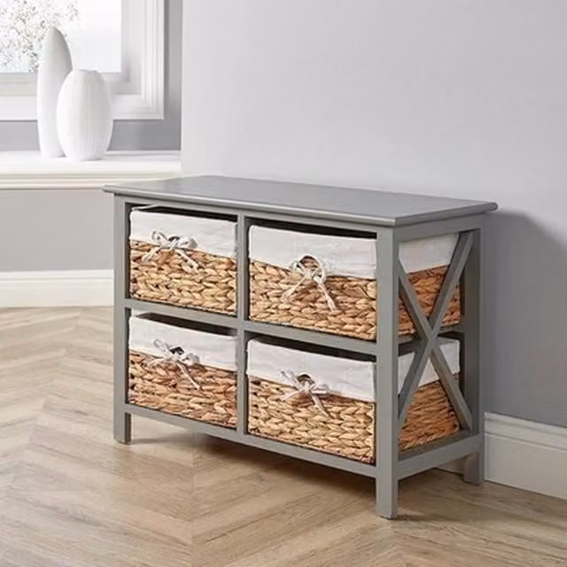 NESTLUNE Grey and White Wooden 4 Drawer Chest with Rattan Details