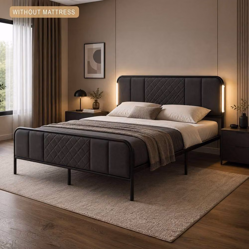 Sliding Wardrobes 4U Modern Double LED Bed Frame with Quilted Headboard in Black, W/D/H: 190 x 137 x 110 cm – 4