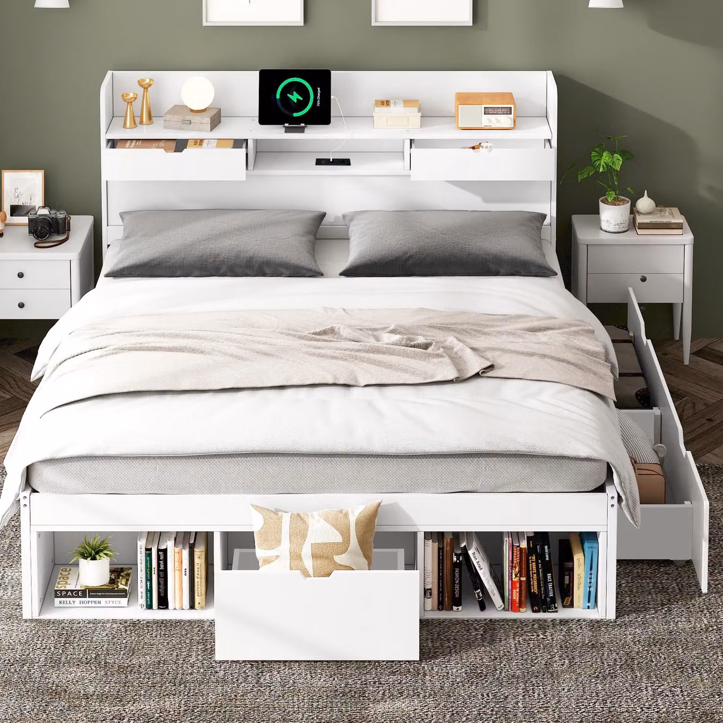 Matteo Double Bed with USB Charging Port, Drawers and Storage Cabinet, White, W: 140 cm, L: 200 cm – 2