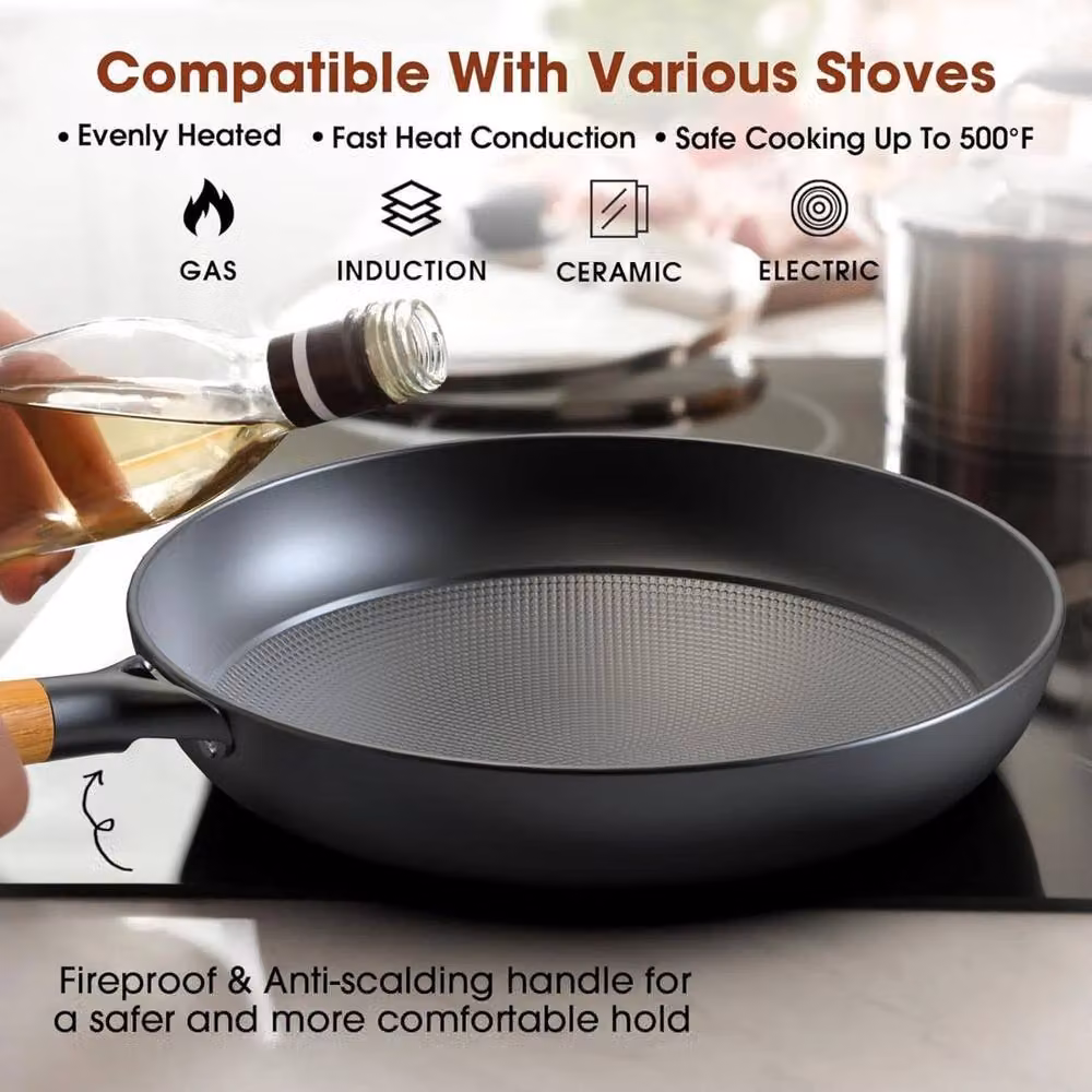 EONLION Non-Stick Cast Iron Frying Pan with Wooden Handle, Black, Diameter: 26 cm – 2