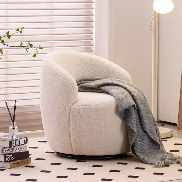 Direct Wicker White Teddy Bouclé Fabric Swivel Barrel Accent Armchair with Solid Wood Frame – 1
