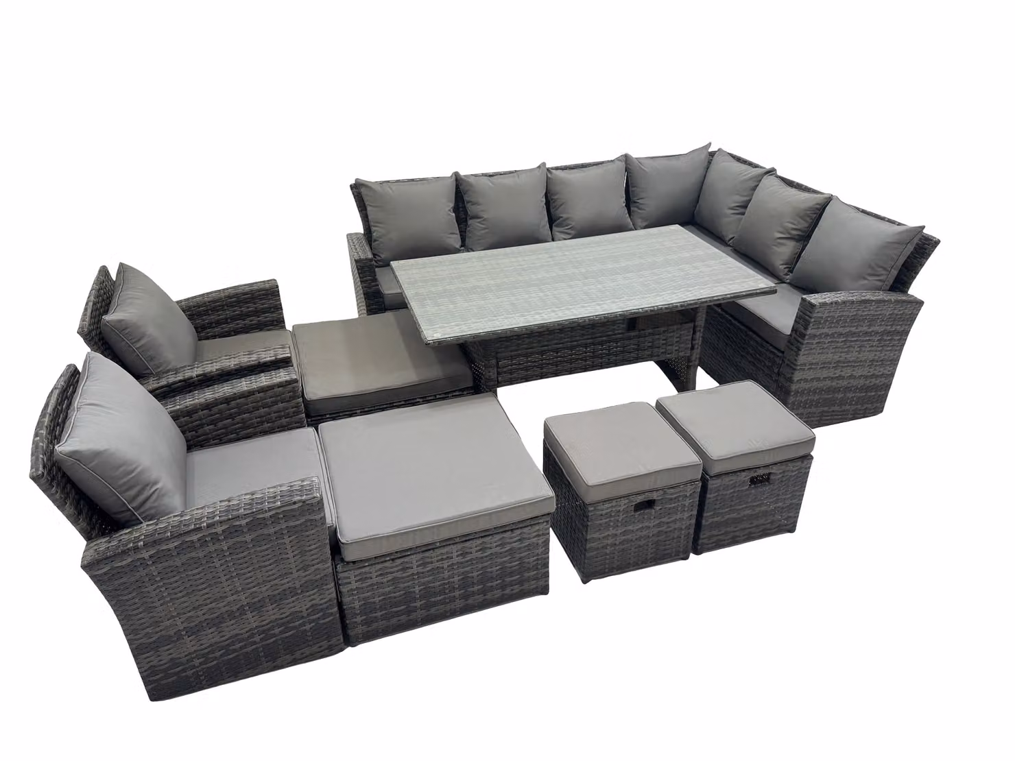 Fimous 12 Seater Patio Dining Corner Sofa Set in Dark Grey Rattan and Metal with Glass Table – 2