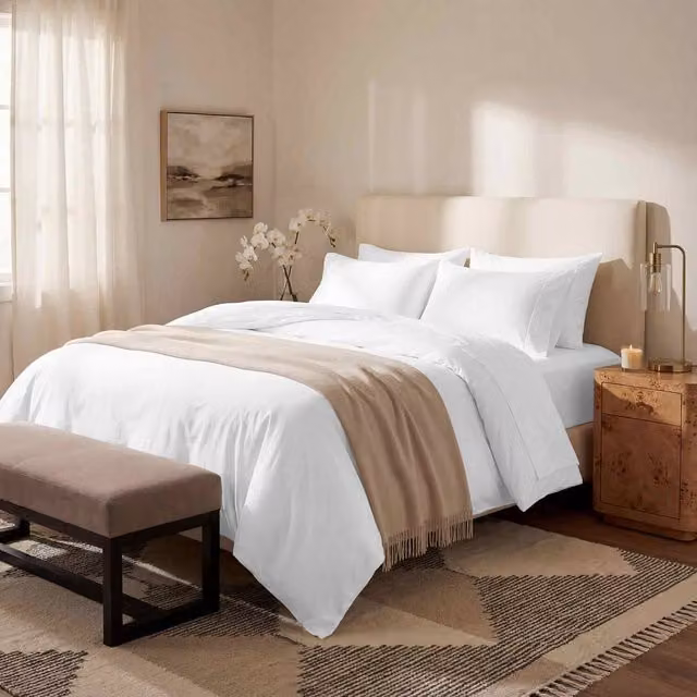 Bedable Double Bedding Bundle in White, 100% Cotton Sateen 460 Thread Count, including Duvet Cover, Fitted Sheet, Duvet and 4 Pillows