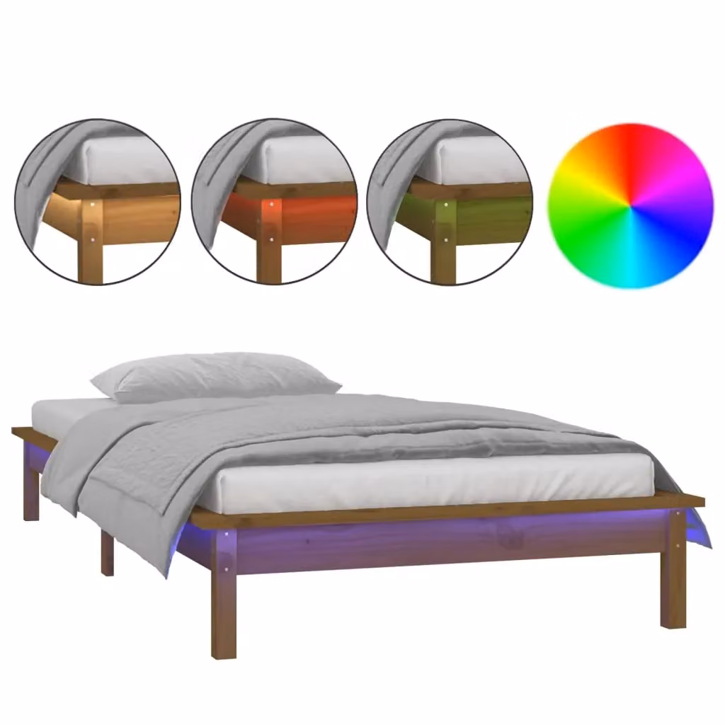 Berkfield Home Solid Wood LED Bed Frame in Honey Brown with Under-Bed Lighting and USB Charging Port, W/D/H: 90 x 200 cm – 2