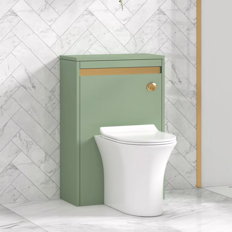 Royal Bathrooms Orion Wall Mounted Mint Sage WC Unit with Breeze Rimless Toilet Pan, Slim Seat and Cistern, Brushed Brass Trim, Width: 54 cm