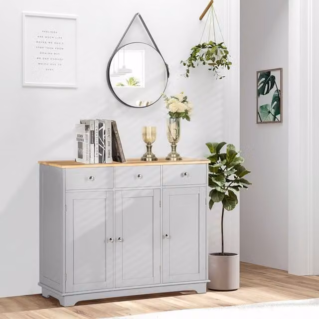 HOMCOM Modern Grey Sideboard Buffet Cabinet with Storage Cabinets and Drawers
