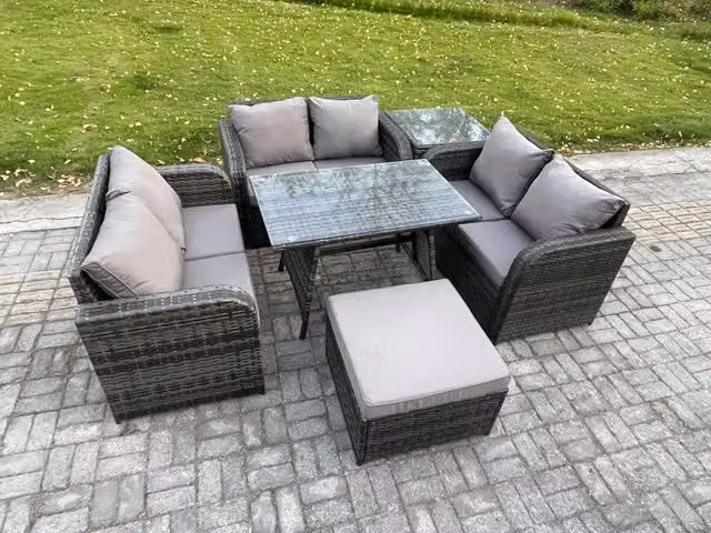 Fimous 7 Seater Rattan Garden Furniture Set with Rectangular Dining Table, Love Sofa, Footstool and Side Table in Dark Grey