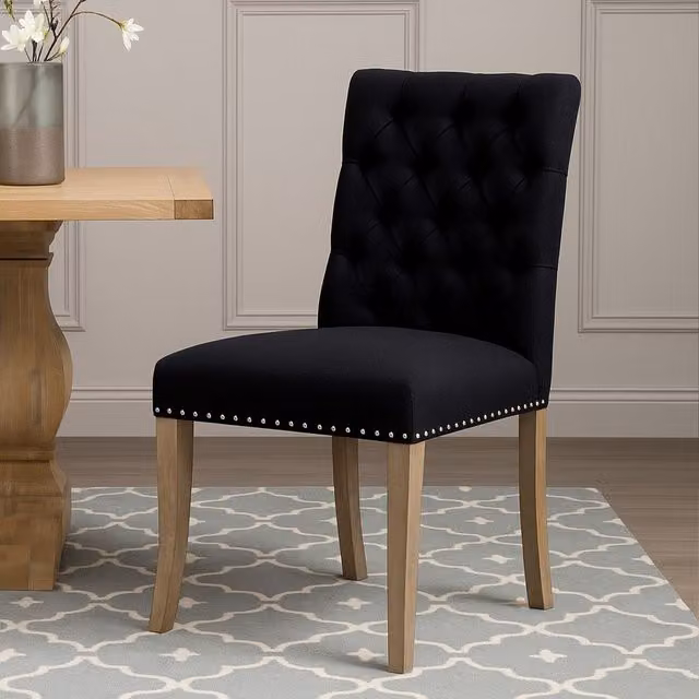 Interiors by Premier Orsina Black Linen Dining Chair with Wooden Legs and Silver Studded Detailing – 2