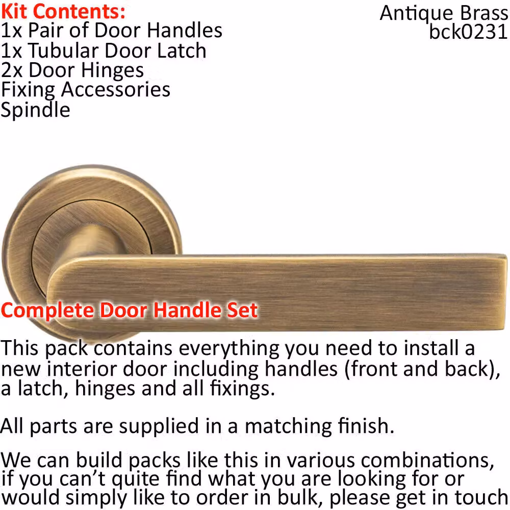 Loops Antique Brass Rectangular Lever Door Handle and Latch Pack with Screwless Round Rose – 2