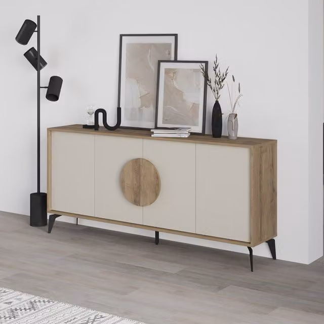Decortie Gora 4 Door Modern Sideboard Storage Cabinet in Sand Beige with Metal Legs – 1