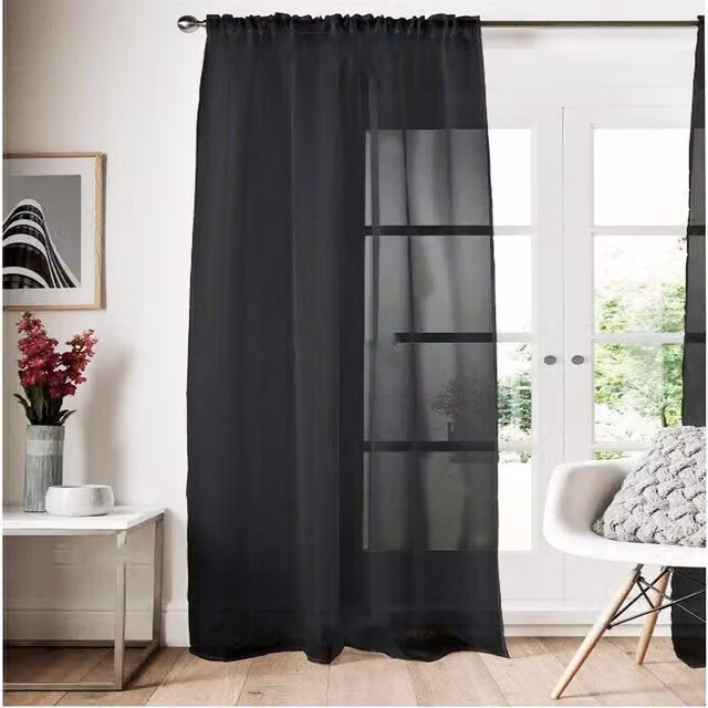 Roseley Black Transparent Plain Voile Fabric Panel Curtain with Rod Pocket, Height: 300 cm
