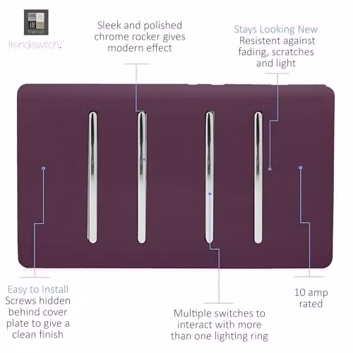 Trendi 4 Gang 10 Amp Rocker Light Switch, 2 Way & 1x Intermediate, Plum Purple and Chrome – 2