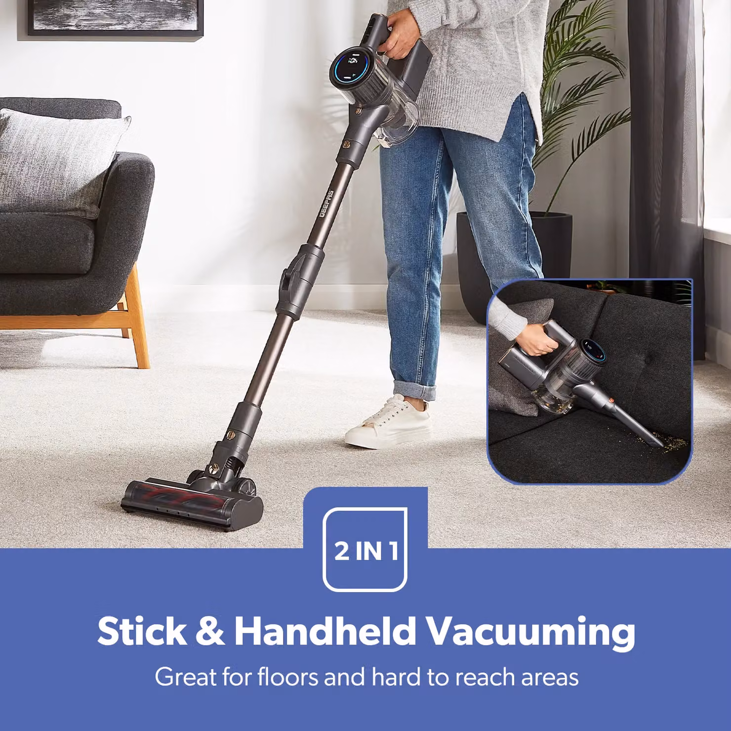 Geepas Cordless Bagless Vacuum Cleaner in Black with Bendable Wand, LED Display and 55 Minute Runtime – 3