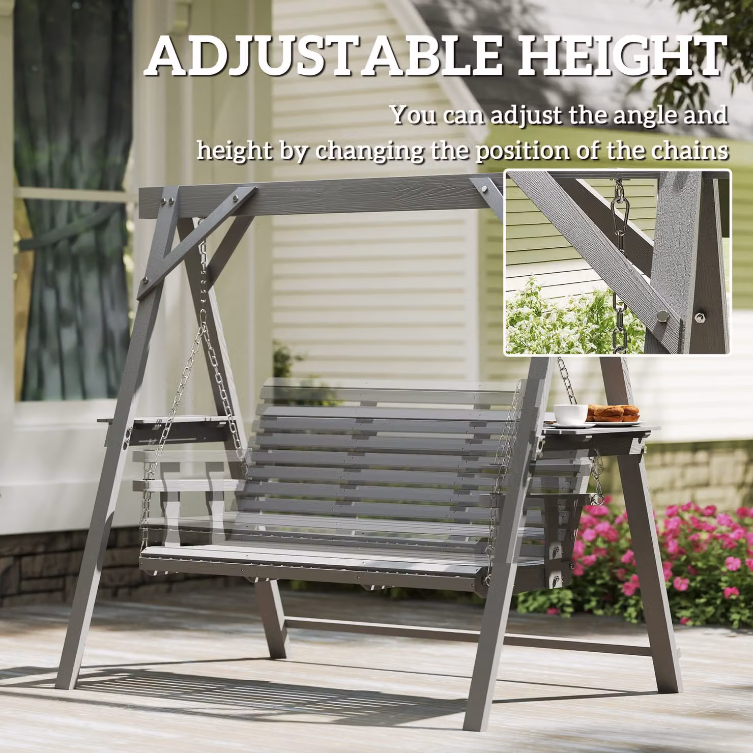 Outsunny Three-Seater Lacquered Treated Hardwood Swing Bench with Armrests and Side Trays, Grey – 5