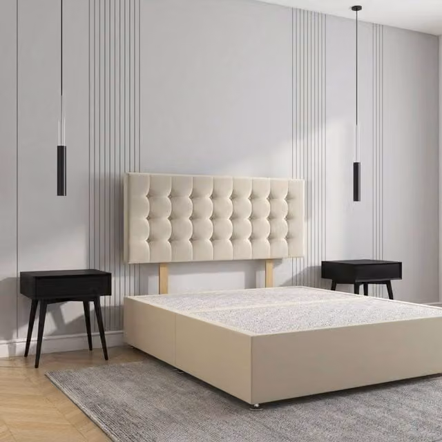 Regional Furnishings Plush Velvet Divan Bed Base with 24 Inch Headboard in Beige, Double, W/D/H: 140 x 200 cm