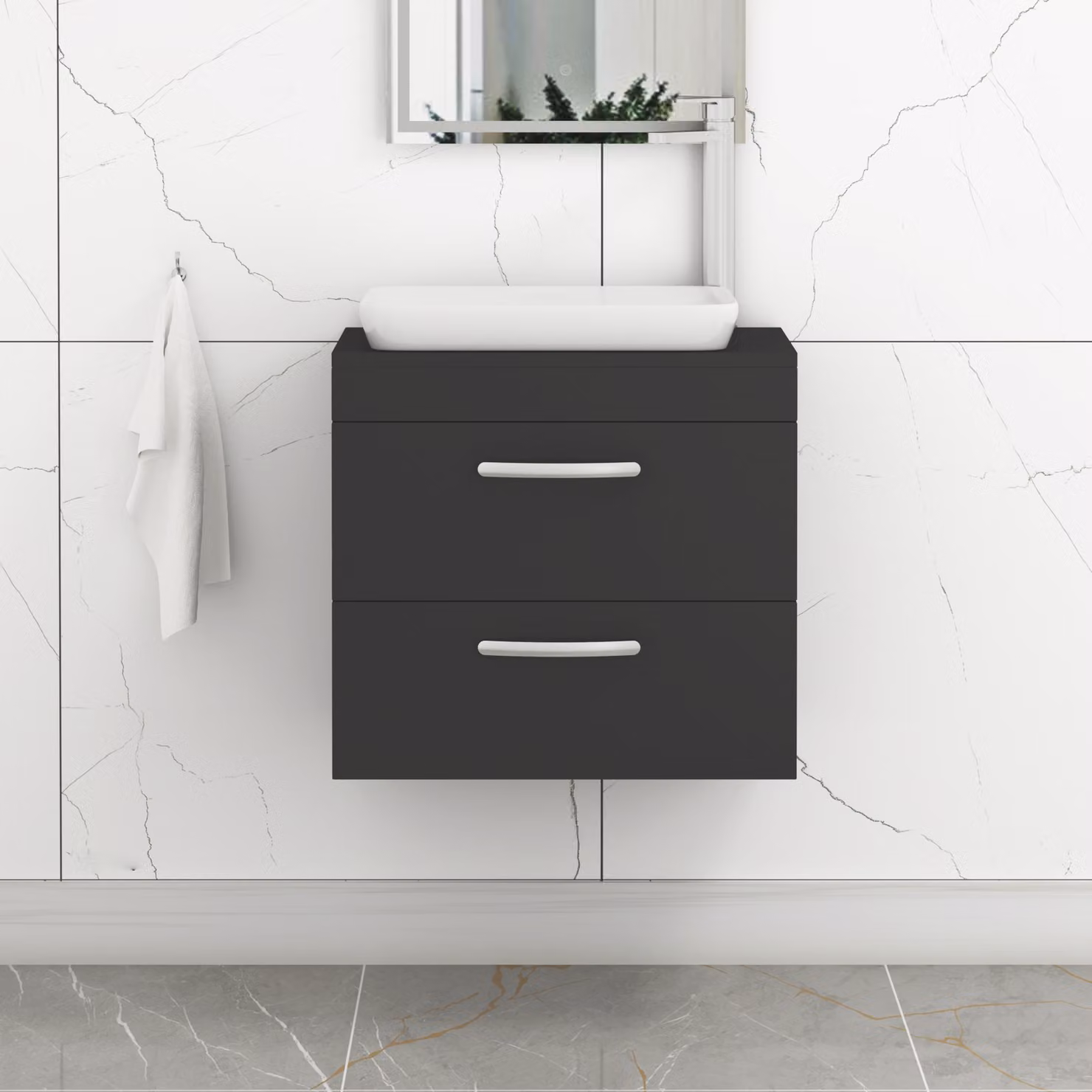 Royal Bathrooms Turin 600mm Wall Hung Vanity Unit with 2 Drawers and Countertop Basin in Matt Black