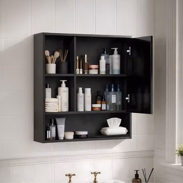 Levede Black Wall Mounted Bathroom Mirror Cabinet with Glass Doors and Open Shelf