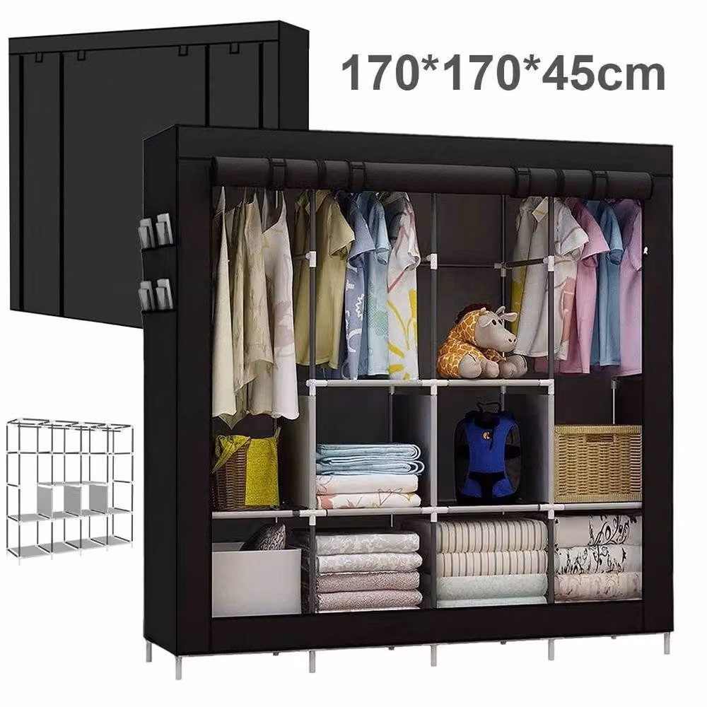 KORVIXA Large Fabric Canvas Wardrobe with Hanging Rail in Black, W/D/H: 100 x 100 x 100 cm – 4
