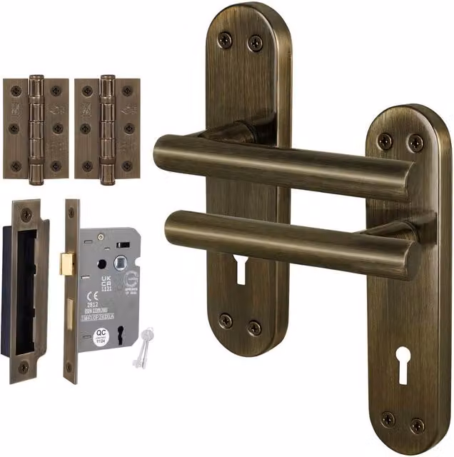 AFIT T-Bar Antique Brass Lock Backplate, 64mm Hinges and Handle Set in Bronze