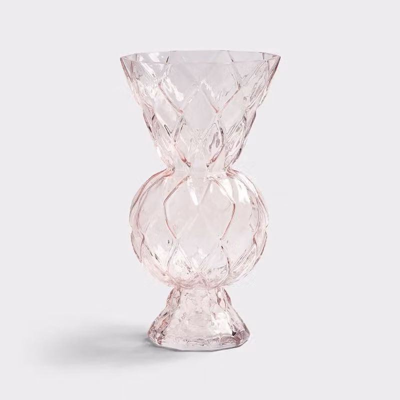 &Klevering Rhombic Pink Geometric Glass Tabletop Vase H: 28.5 cm, W: 16.5 cm, D: 16.5 cm