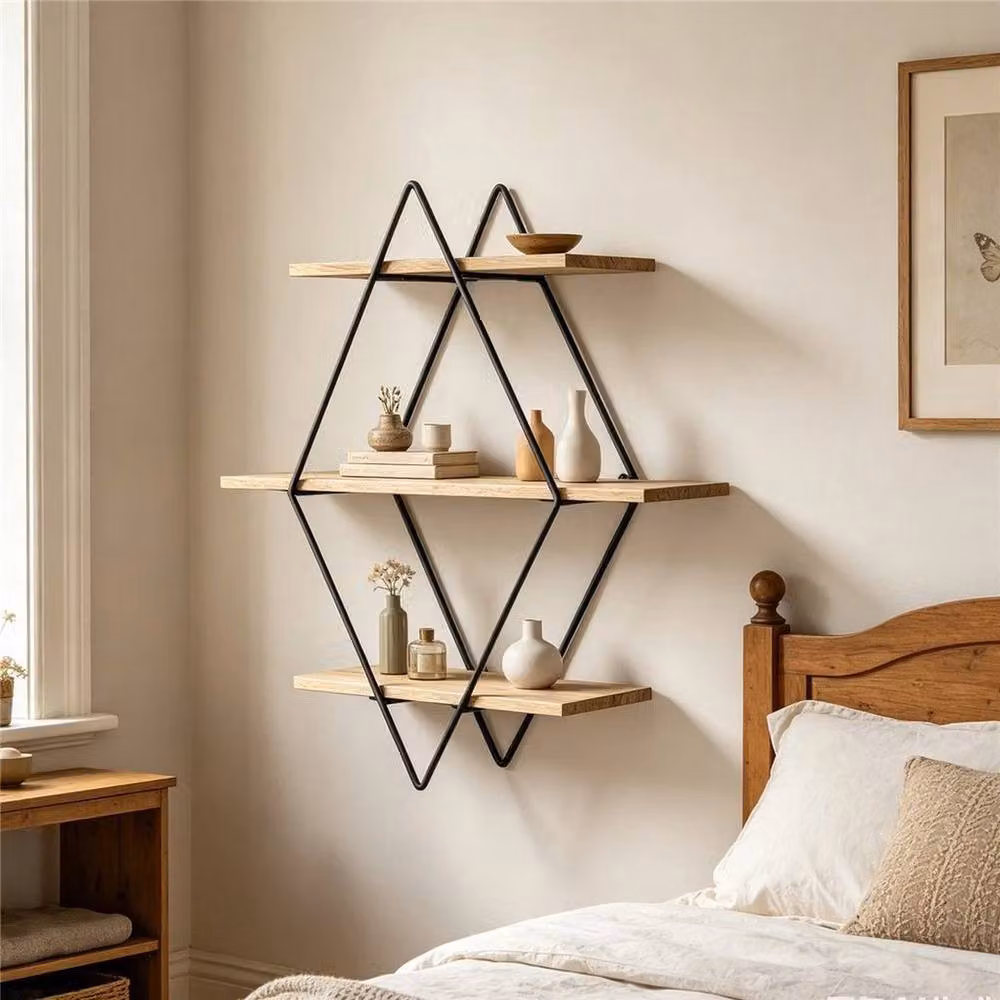 KORVIXA Geometric Floating Shelves in Brown, Modern Wood and Metal Wall Mounted Decorative Rack Holder, W/H: 100 x 100 cm – 5