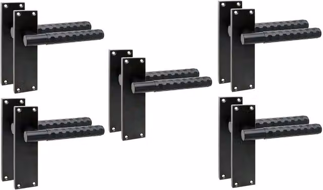 Golden Grace Matt Black Victorian Knurled Hex Cut Long Backplate Door Handle and Bathroom Lock Set, 5 Pairs