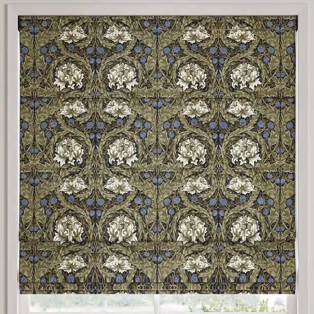 William Morris At Home African Marigold Floral Velvet Made to Measure Roman Blind in Cornflower Blue and Green