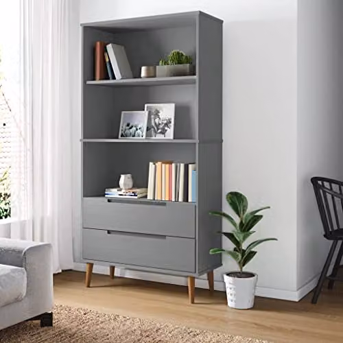 vidaXL MOLDE Bookcase in Grey Solid Wood Pine and MDF, W: 85 cm, D: 35 cm, H: 170.5 cm – 2
