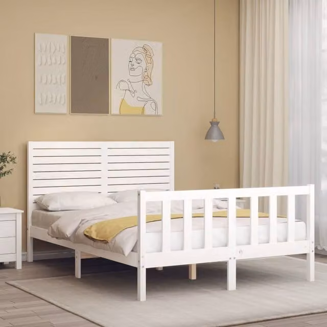 Berkfield Home Beautiful Bed Frame with Headboard in White Solid Pine Wood W/D/H: 120 x 200 x 125.5 cm – 1