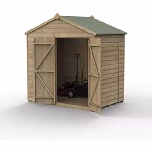 Forest Garden Rustic Wooden Apex Shed with Double Doors and Floor in Green and Brown, W: 213.36 cm, D: 152.4 cm, H: 230.05 cm – 1