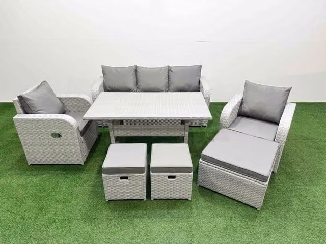 Fimous PE Rattan Garden Furniture Set in Light Grey with Reclining Chair, Sofa, Rectangular Dining Table and 3 Stools