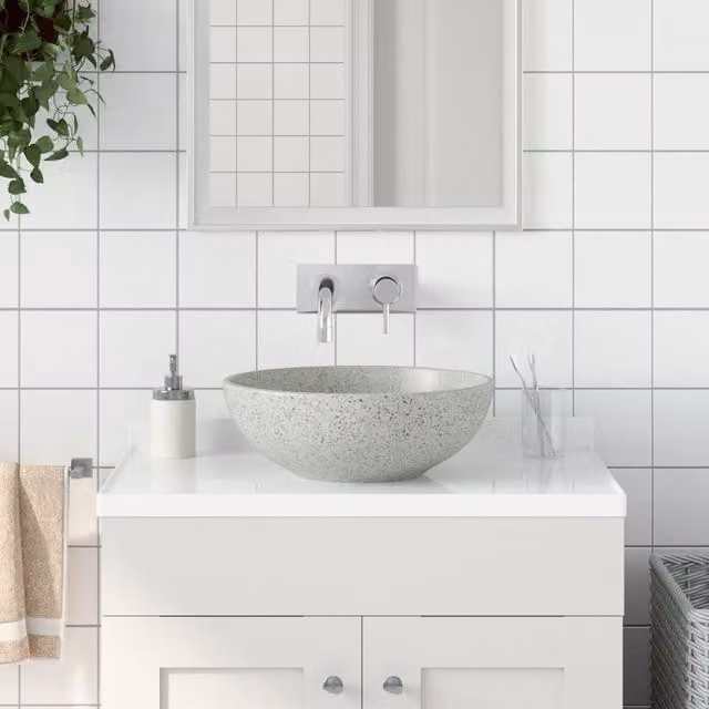 Berkfield Home Grey Round Ceramic Countertop Basin, Diameter: 41 cm, Height: 14 cm – 1