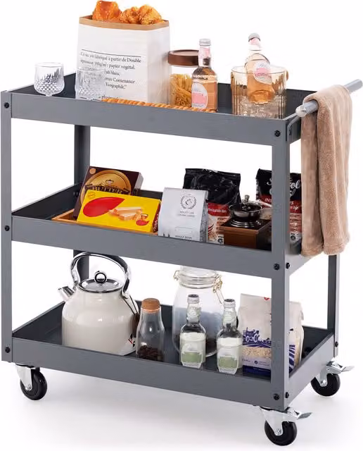 Costway 3-Tier Commercial Metal Utility Service Cart in Grey