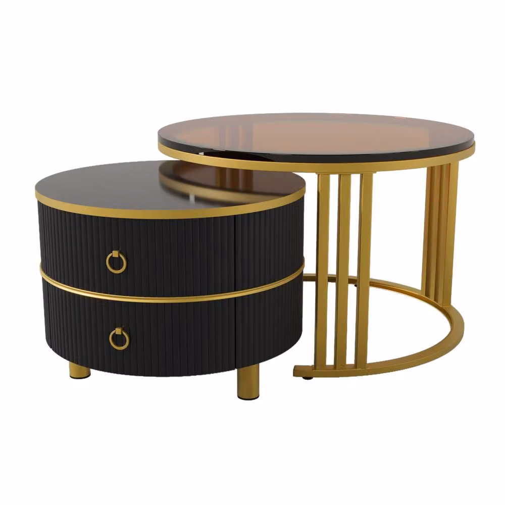 BTM Round Nesting Coffee Table Set with 2 Drawers in Black and Brown – 4