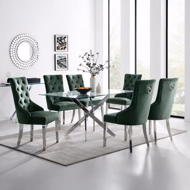 FurnitureboxUK Leonardo 6-Seater Rectangular Glass Dining Table and 6 Belgravia Chairs in Green