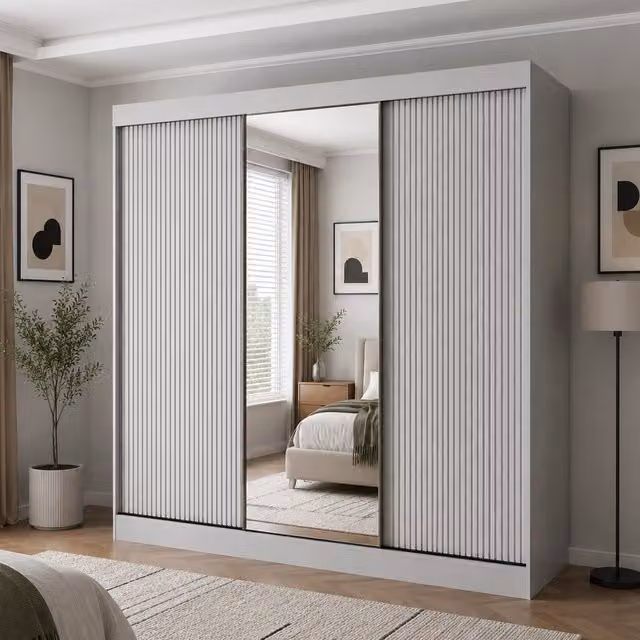 Berlin 250cm Grey Sliding Door Wardrobe with Mirror and Ribbed Panel