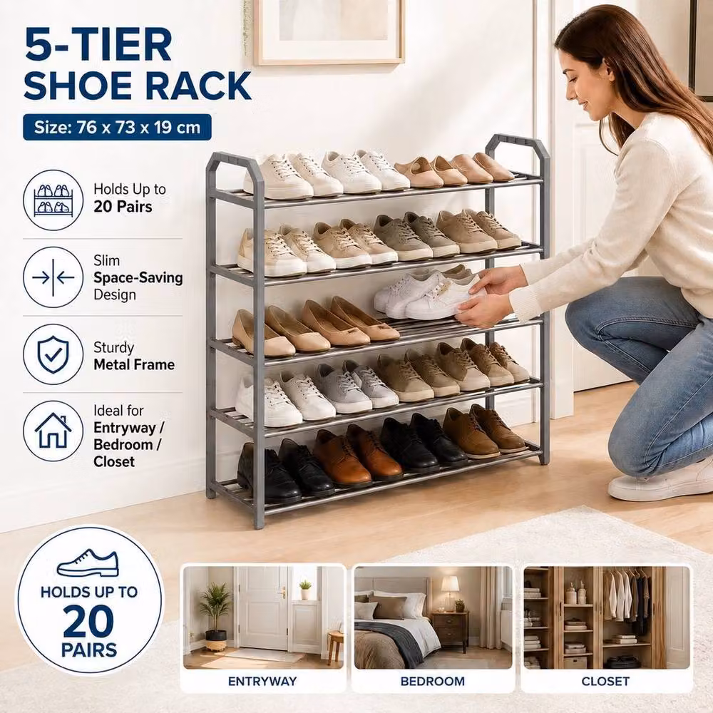 Kelvenix 5 Tier Plastic and Metal Shoe Rack Tall Storage Shelf in Grey – 4