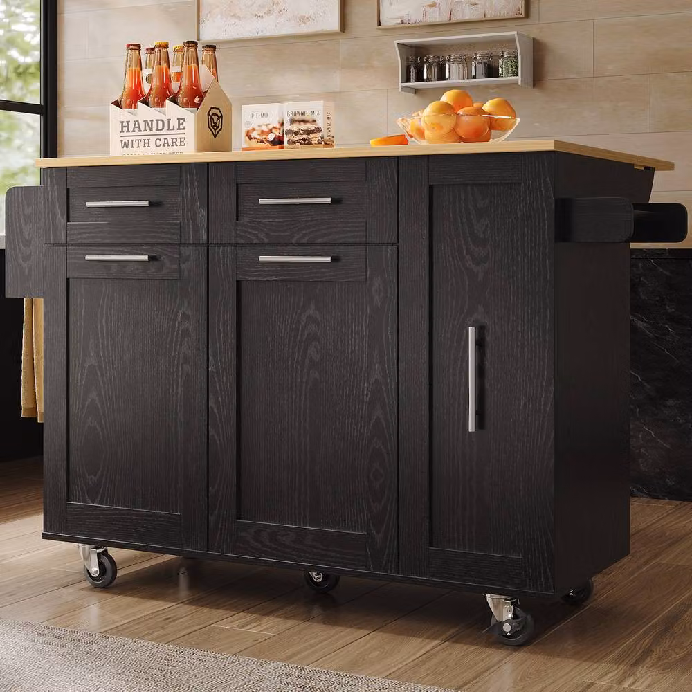 Rolipo Black Kitchen Island Trolley with Folding Dining Table and Storage – 2