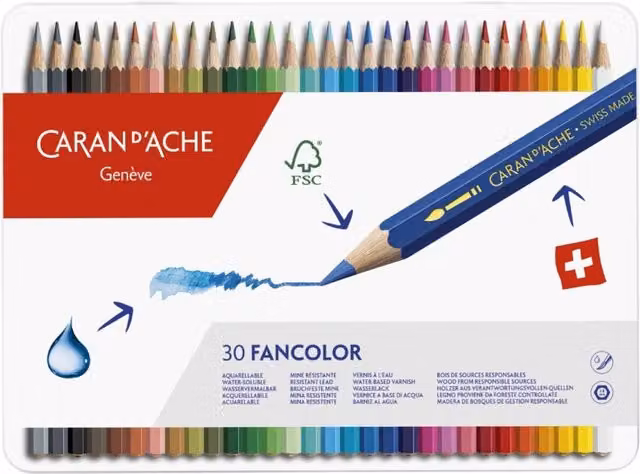 Fancolor Aquarelle 30 Water-Resistant Colour Pencils in a Metal Tin, Assorted Colours
