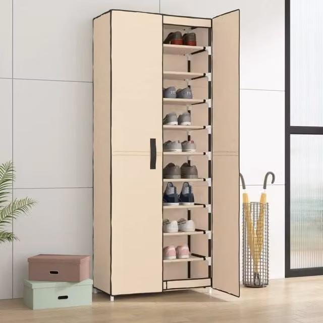 Berkfield Home Beige Fabric and Metal Shoe Cabinet, W/D/H: 60 x 30 x 166 cm