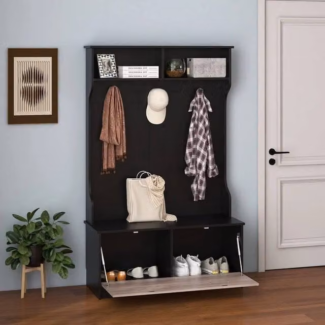 PAWNORA 3-in-1 Modern Hall Tree with Shoe Bench, 5 Hooks and Cabinet, Black, H 160 x W 100 x D 40 cm