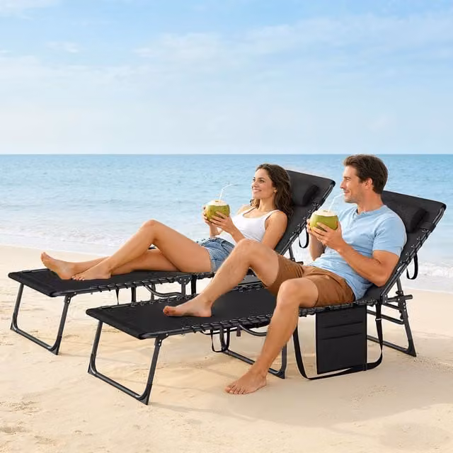 Outsunny Folding Sun Loungers with 5-Level Adjustable Backrest and Cup Holders, Black