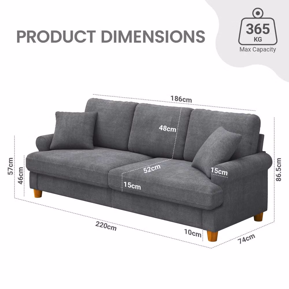 Dprodo Grey Chenille Sofa Sleeper with Deep Seat and Solid Wood Frame, W: 220 cm, H: 86.5 cm, D: 52 cm – 3