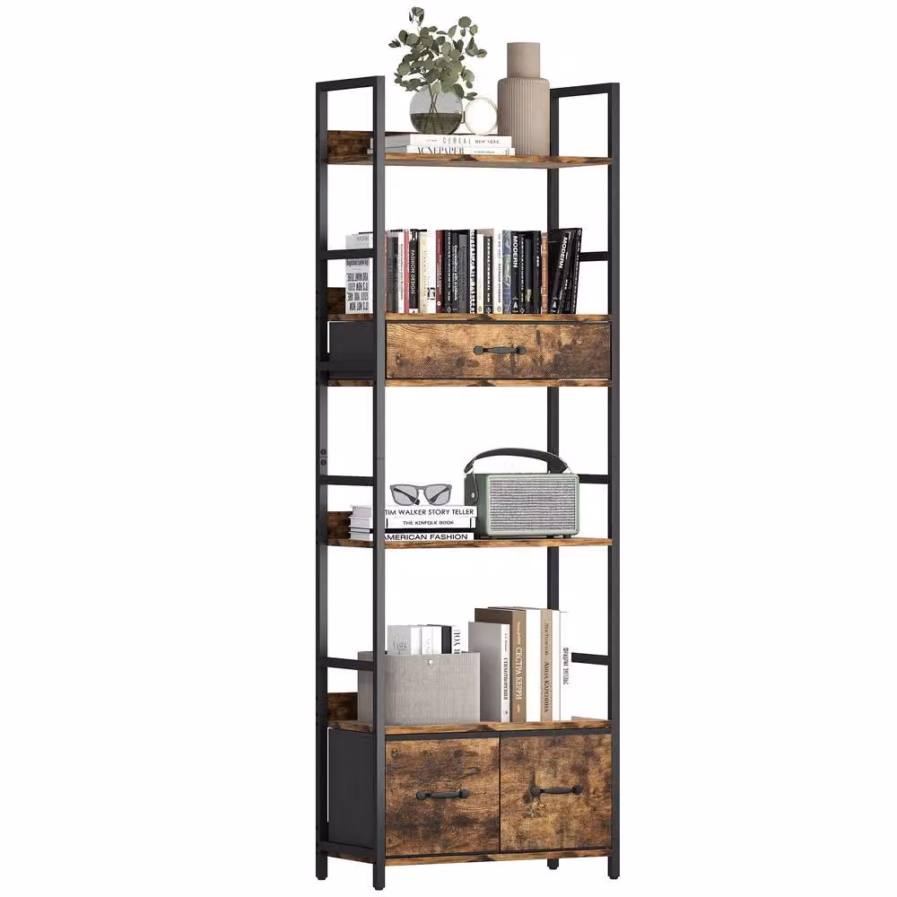 HOMCOM Industrial Bookshelf with 4 Shelves and 3 Fabric Drawers in Rustic Brown and Black – 2
