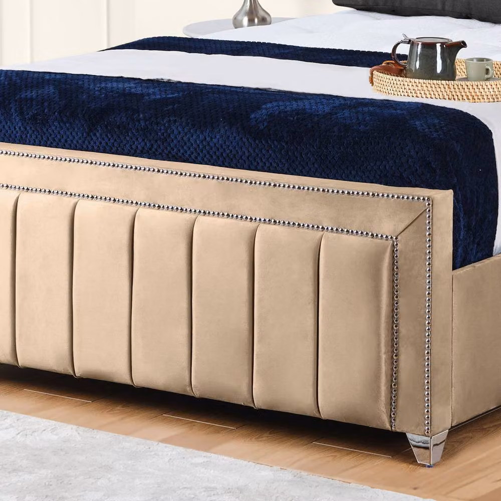 UK Bed Furniture Fiona Beige Velvet Upholstered Slatted Base Bed with 48 Inch Headboard, W/D/H: 120 x 200 cm – 3