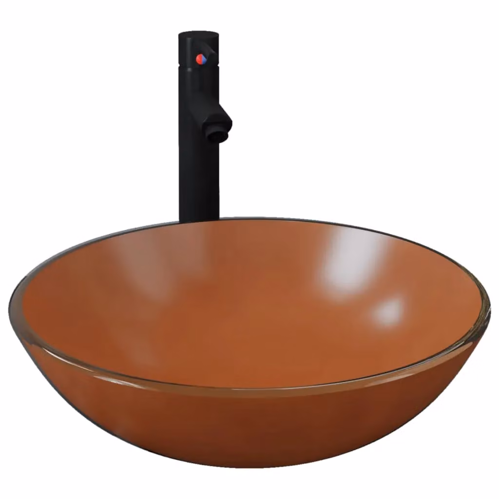 Berkfield Home Round Brown Tempered Glass Countertop Bathroom Sink with Tap and Push Drain – 2